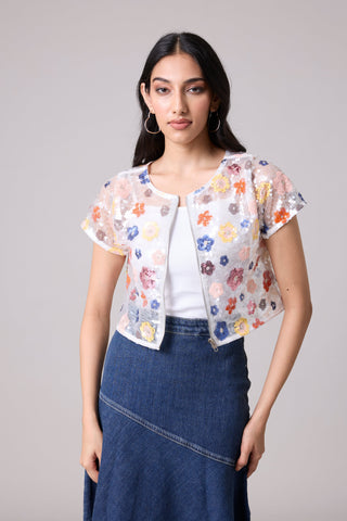 Paige Sequence Flower Top/Jacket - Half Sleeve - White