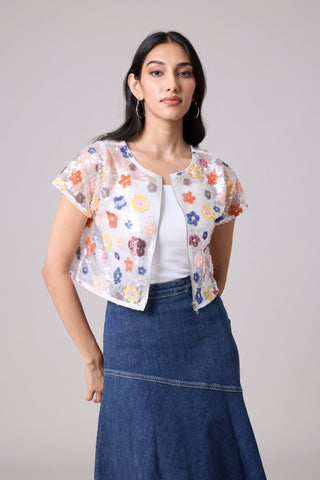 Paige Sequence Flower Top/Jacket - Half Sleeve - White