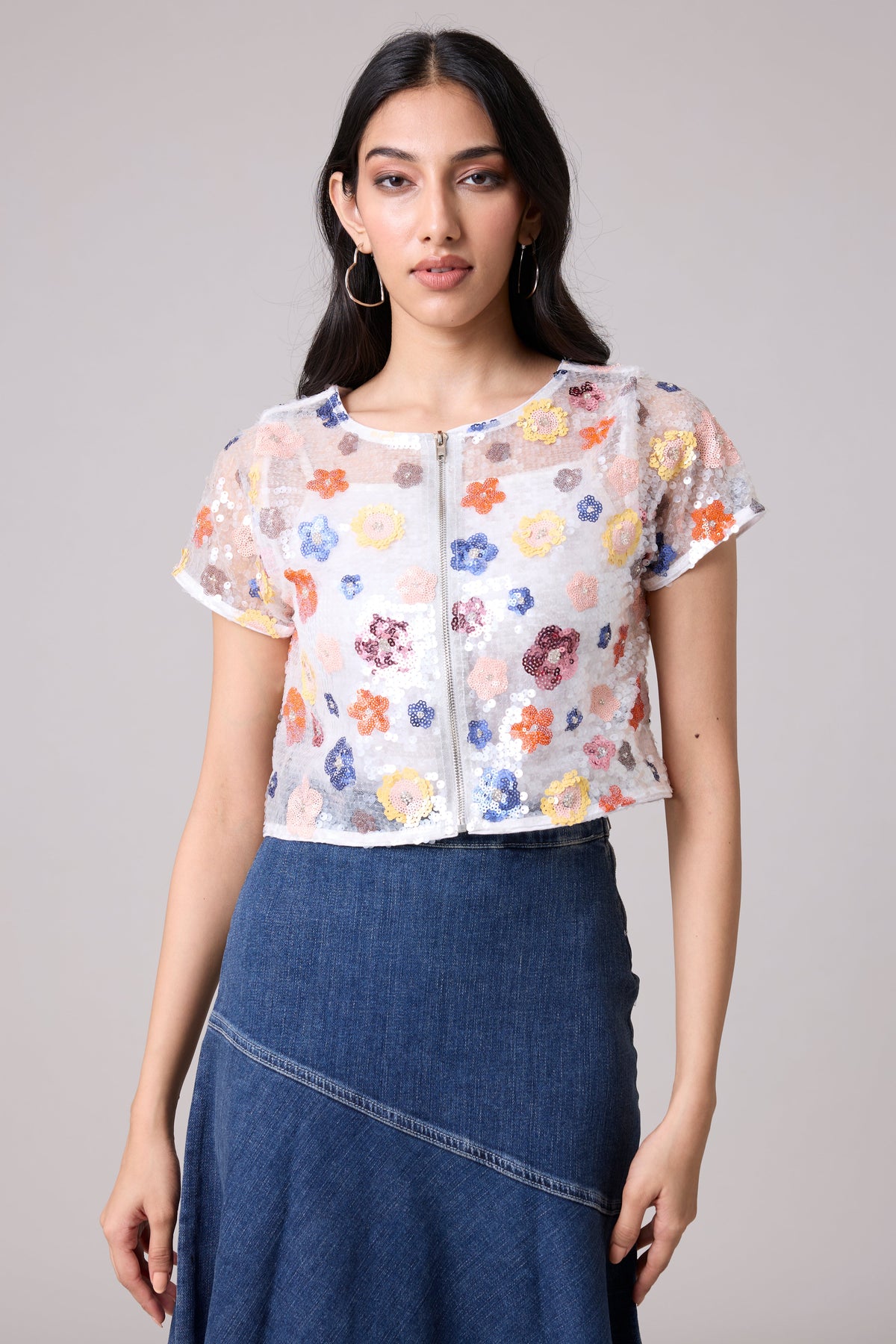 Paige Sequence Flower Top/Jacket - Half Sleeve - White