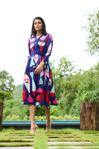 Peplum Printed Shirt Dress - Blue
