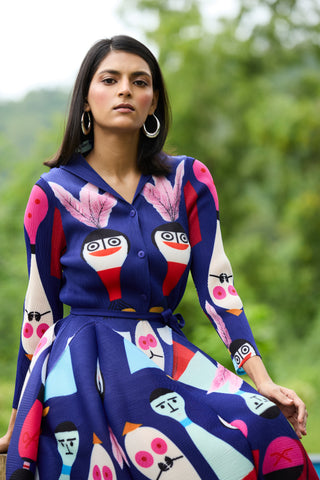 Peplum Printed Shirt Dress - Blue