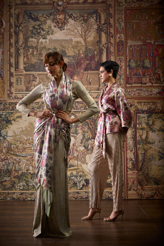 Annika Saree - Metallic Mint & Beige