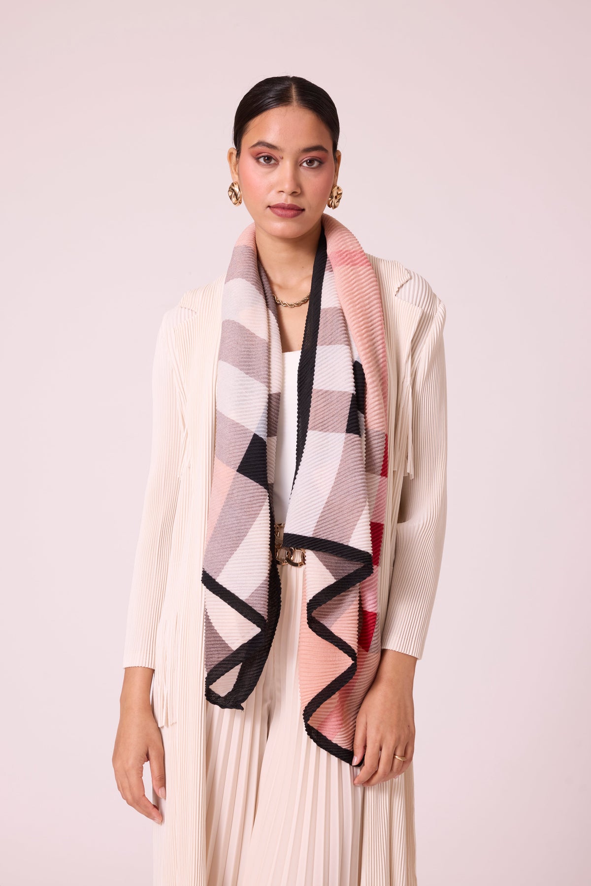 Checks Printed Scarf - Ivory Apricot Black