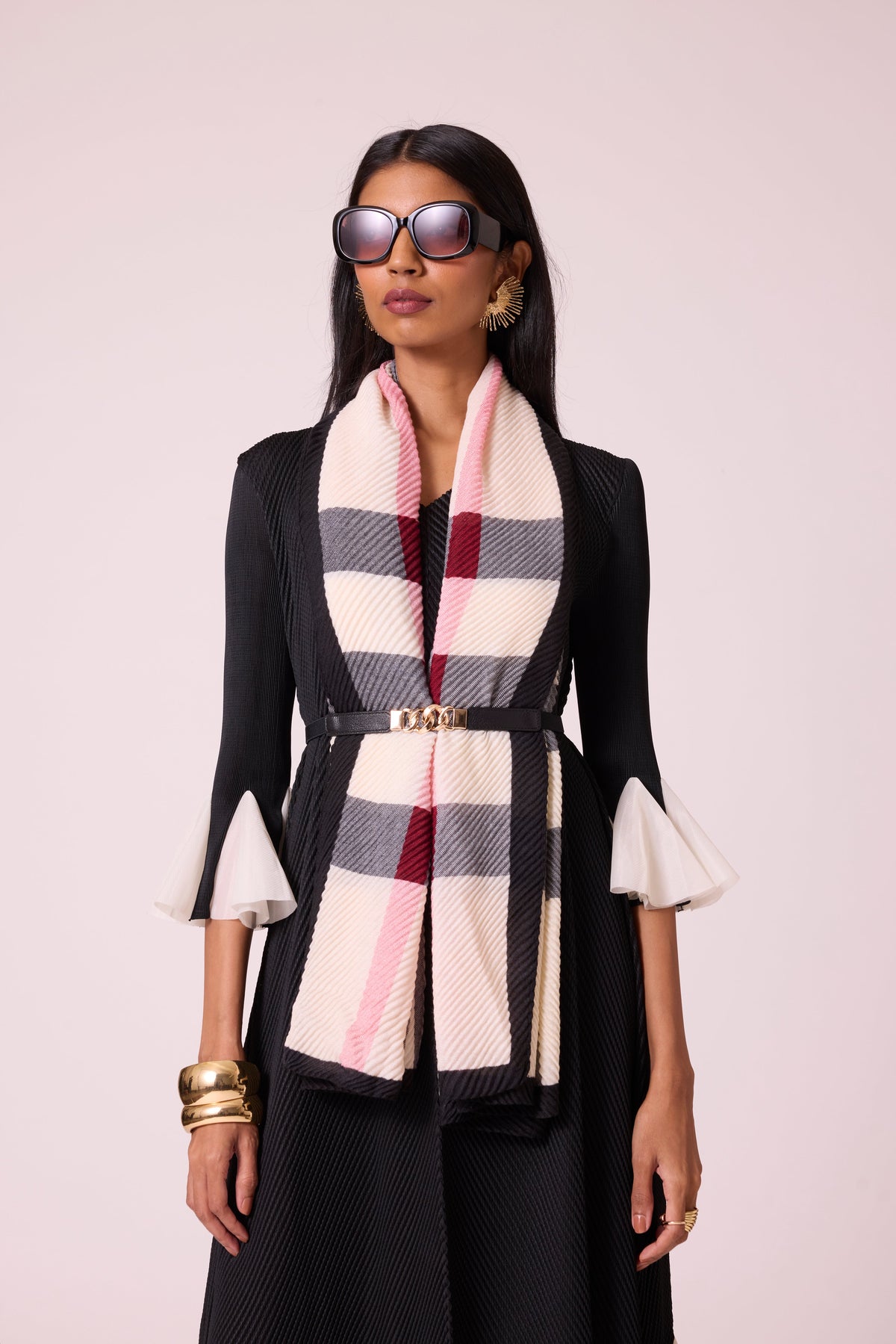Checks Printed Scarf - Ivory & Black