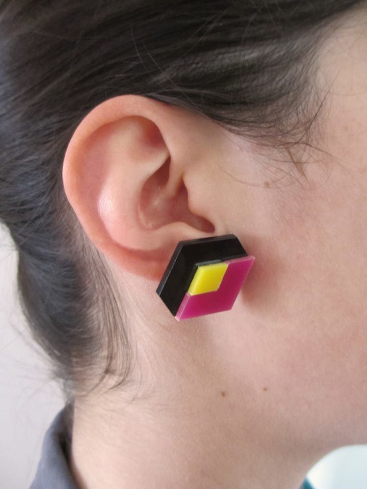 Earrings Cuboid Black - Yellow - Pink