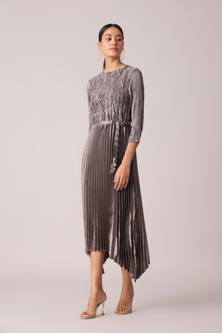 Leona Satin Pleat Dress - Grey