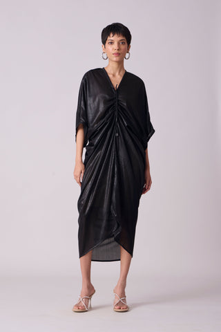 Aika Metallic Rouche Dress - Black