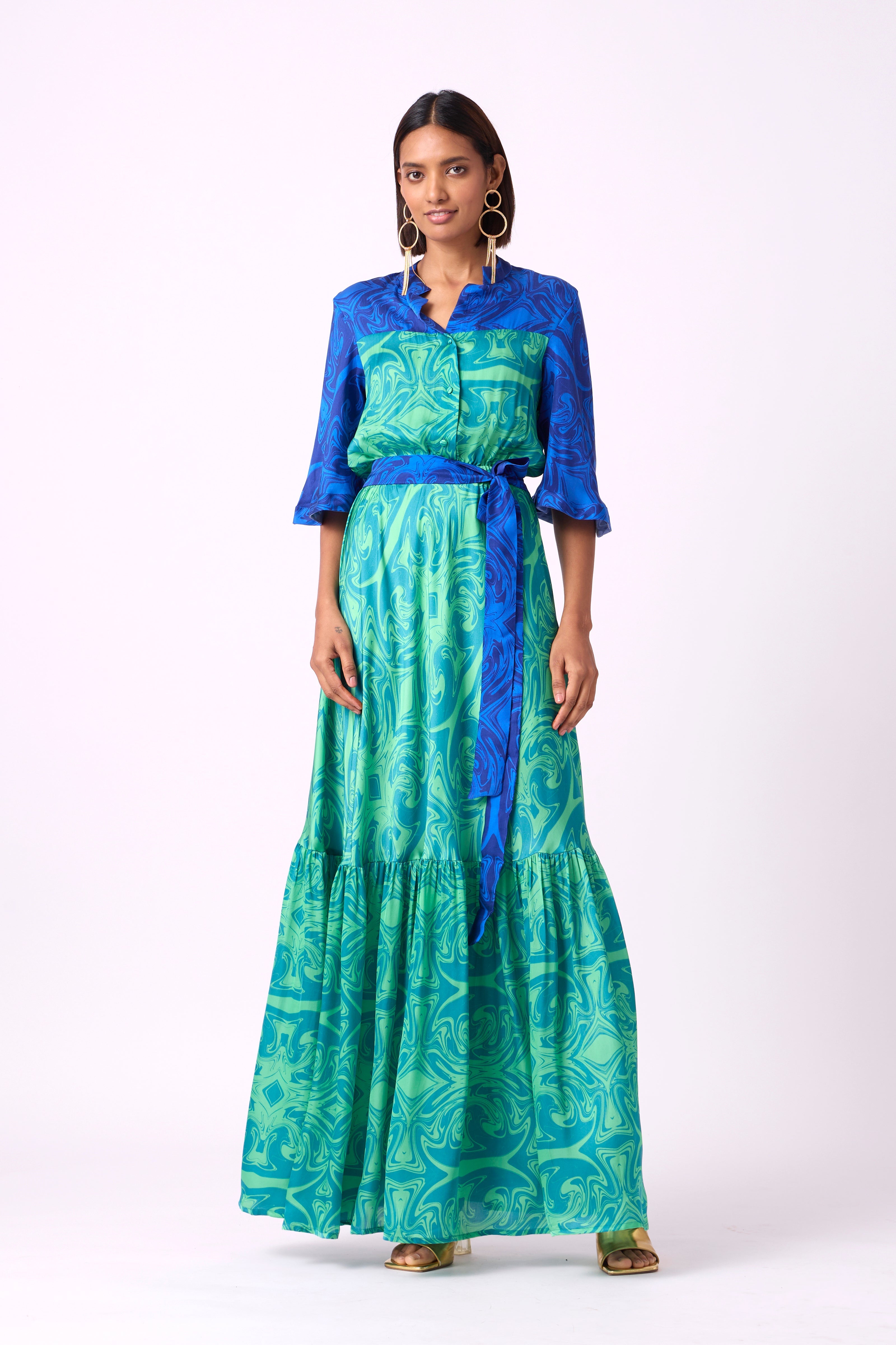 Calli Satin Dress - Blue & Green Art Deco Print