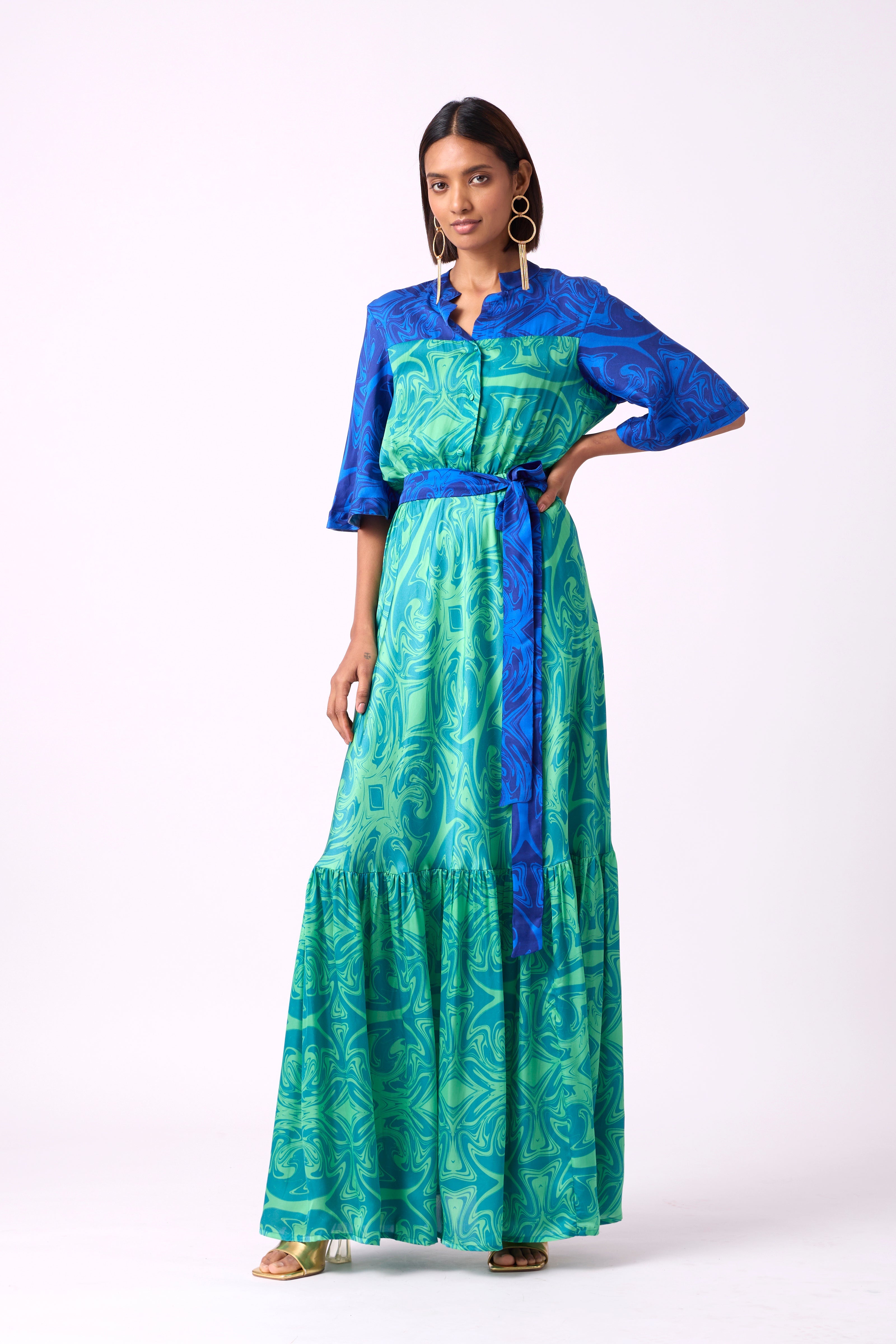 Calli Satin Dress - Blue & Green Art Deco Print