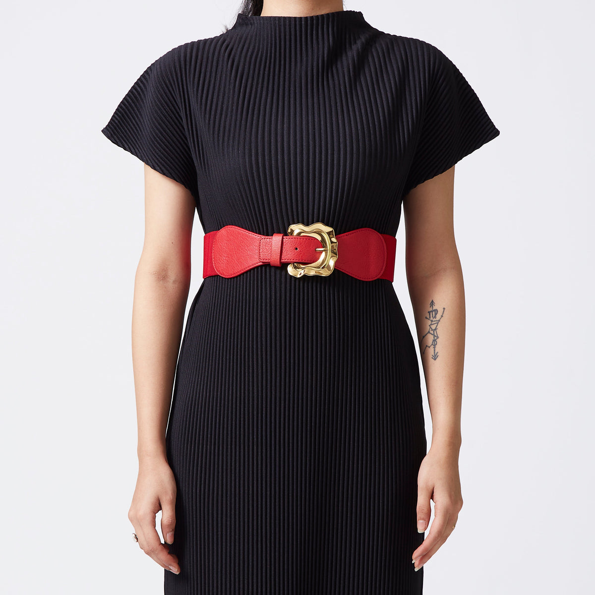 Elastic Backed Belt - Distended Gold Buckle - Red
