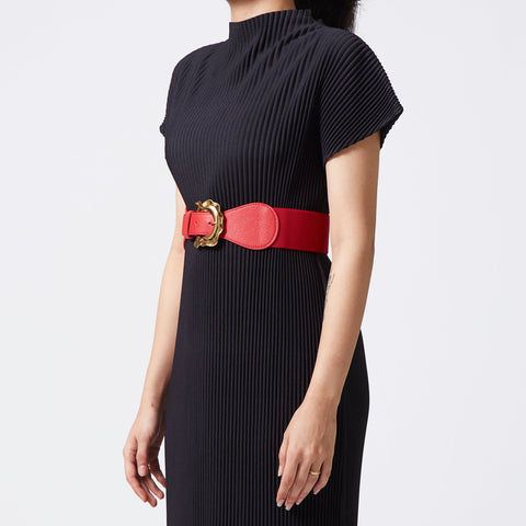 Elastic Backed Belt - Distended Gold Buckle - Red