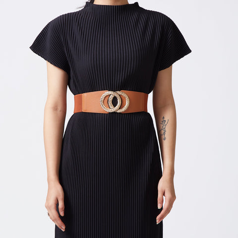 Elastic Backed Faux Leather Belt - Tan with Round Gold Buckle