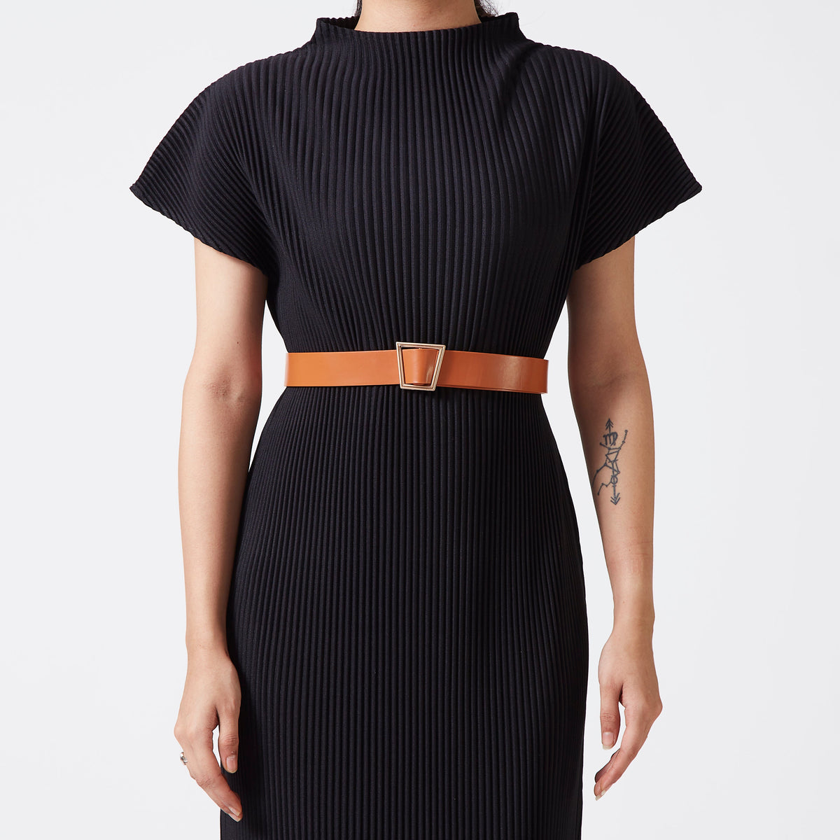 Faux Leather Matte Gold Buckle Belt - Caramel Tan