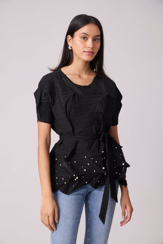 Gia 3D Pearled Top - Black