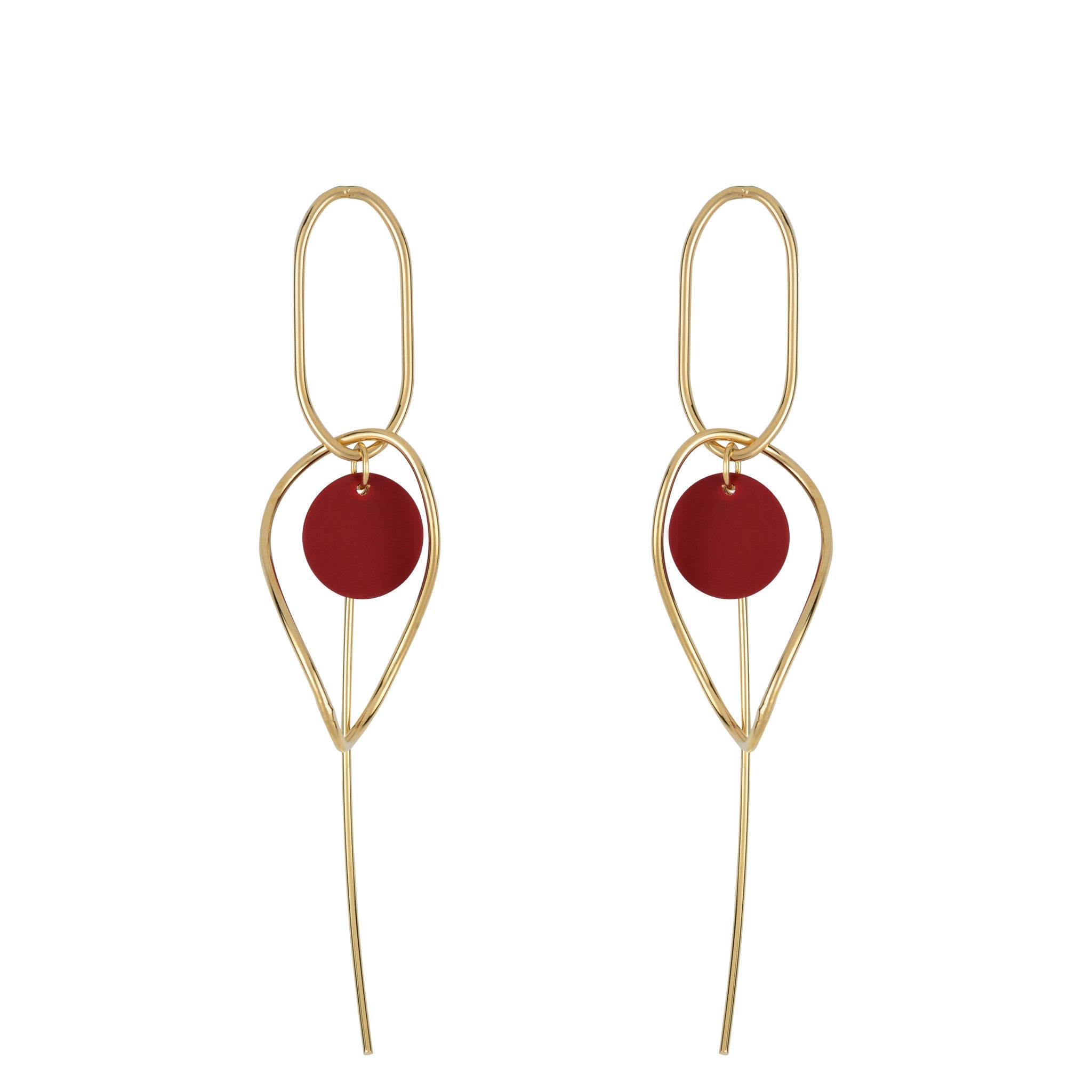 Oval & Pin Earrings - Dark Red