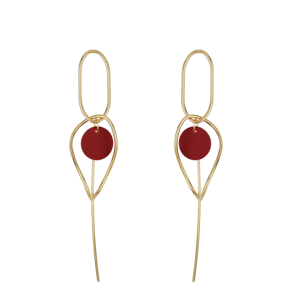 Oval & Pin Earrings - Dark Red