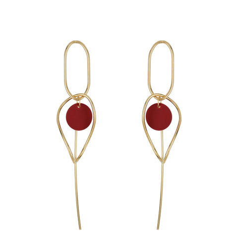 Oval & Pin Earrings - Dark Red