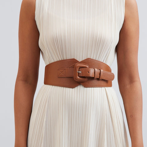 Self Textured Buckle Belt - Tan