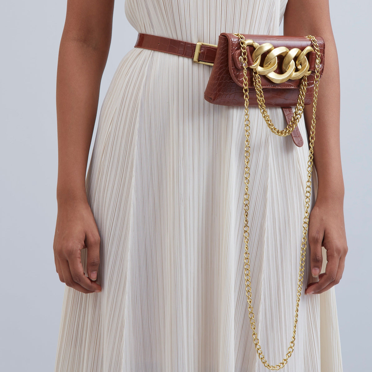 Textured Mini Chain Bag Belt - Brick Tan