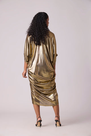 Aika Metallic Rouche Dress - Dark Gold