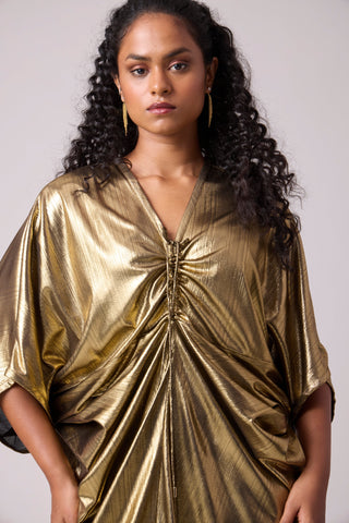 Aika Metallic Rouche Dress - Dark Gold