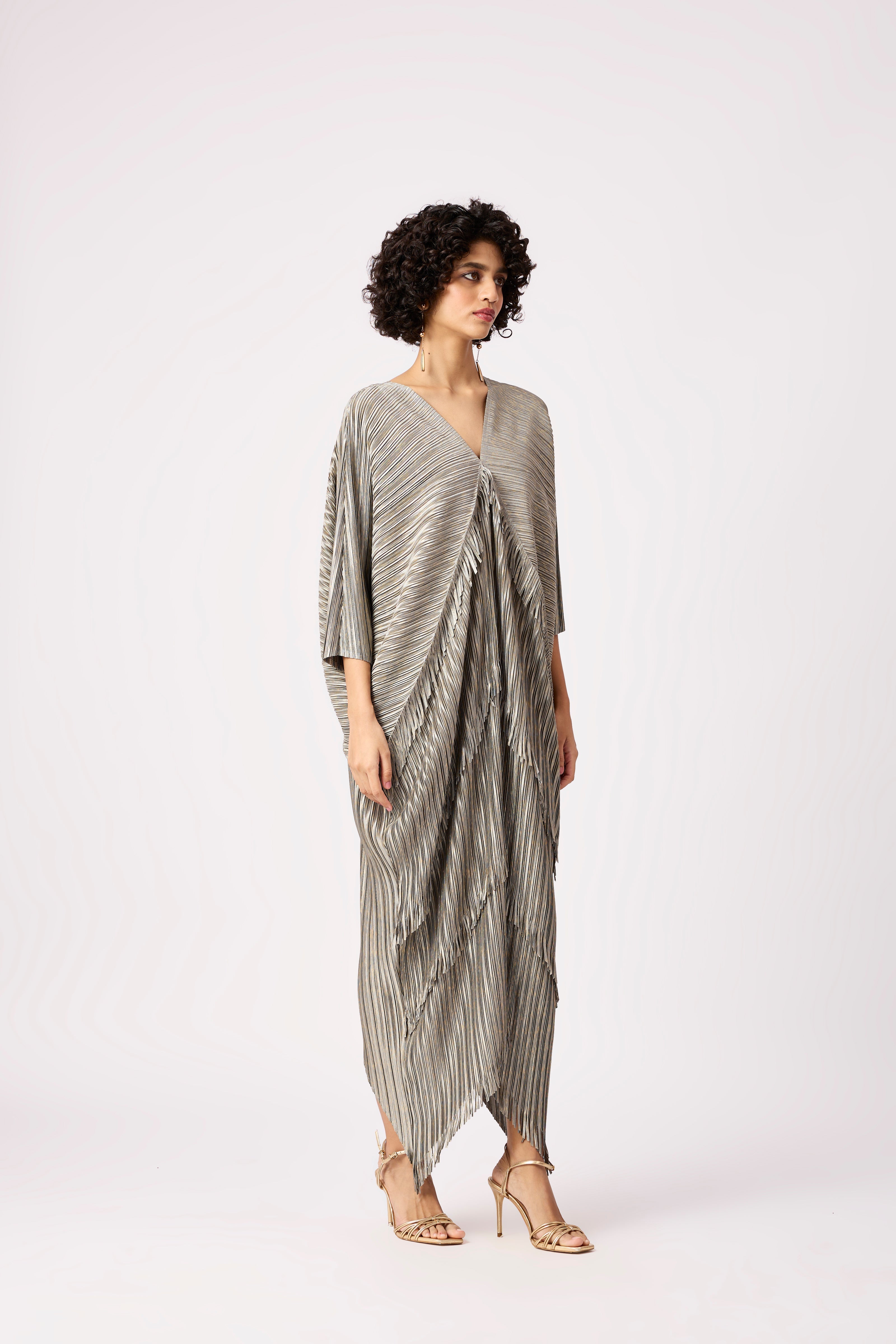 Kimono Fringe Dress - Metallic Grey & Gold