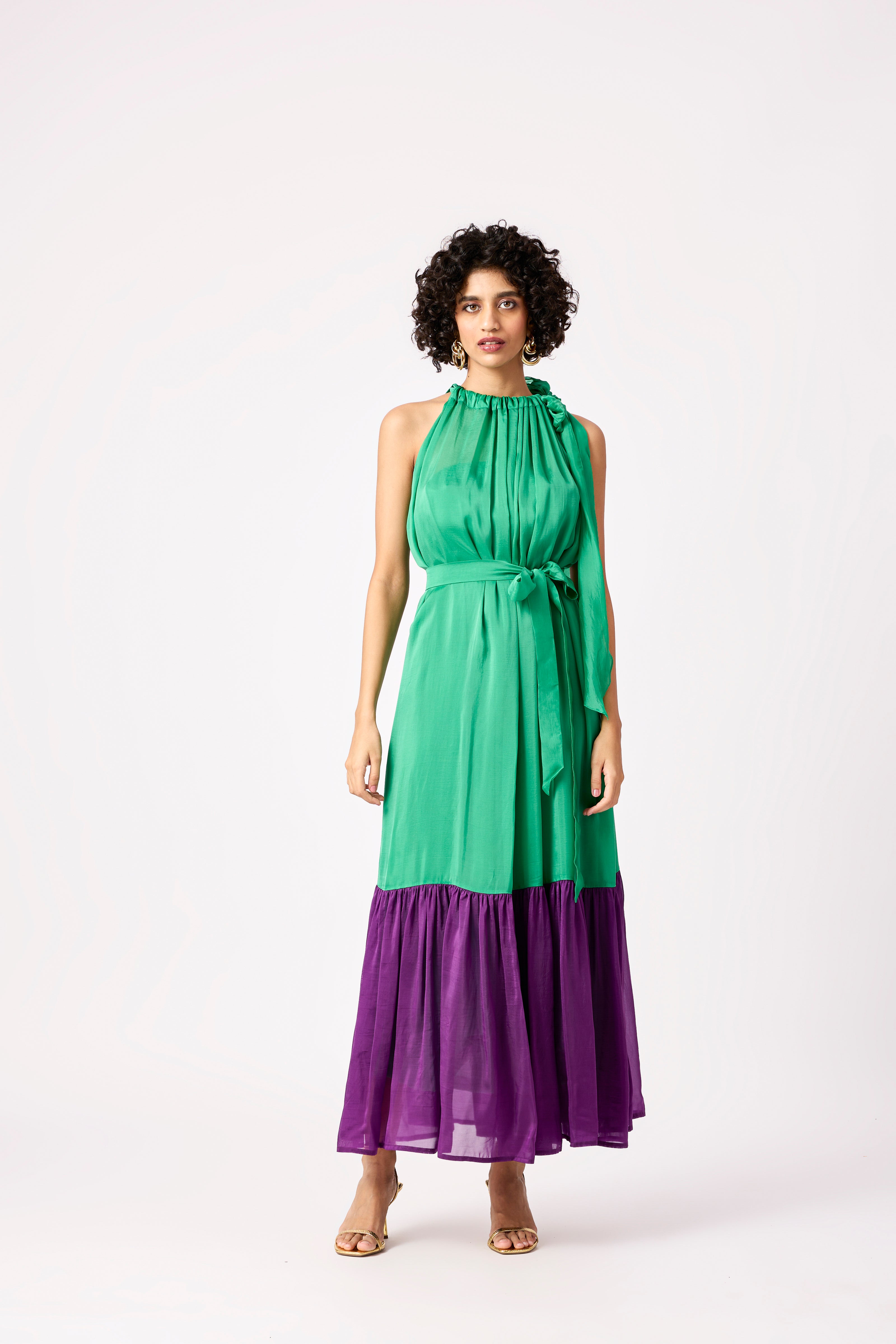Victoria Organza Dress - Bright Green & Purple