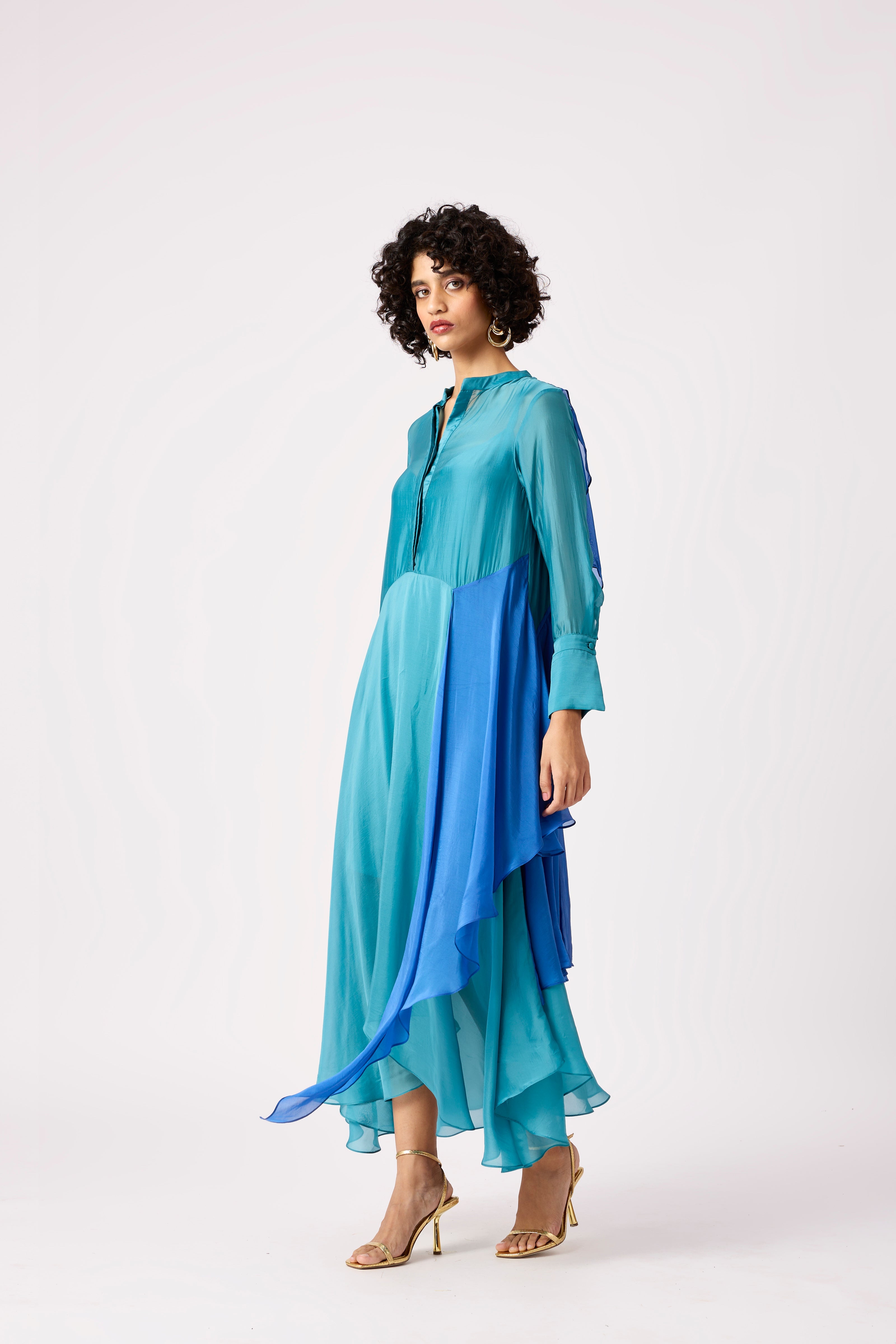 Clive Organza Shirt Dress - Turquoise & Azure Blue