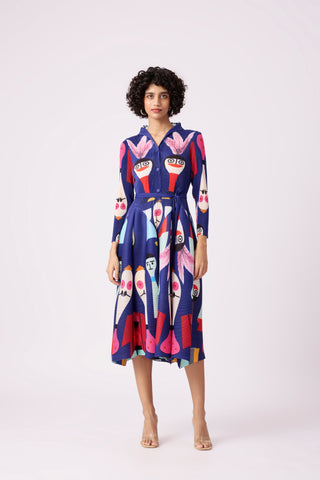 Peplum Printed Shirt Dress - Blue