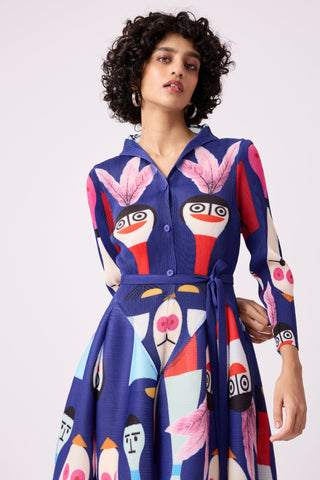 Peplum Printed Shirt Dress - Blue