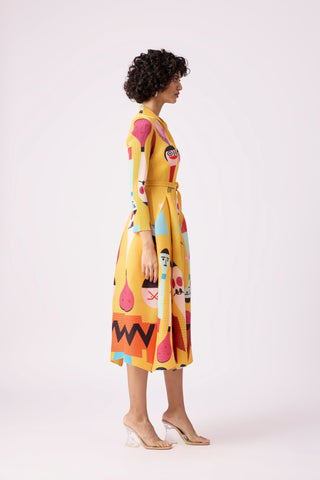 Peplum Printed Shirt Dress - Yellow
