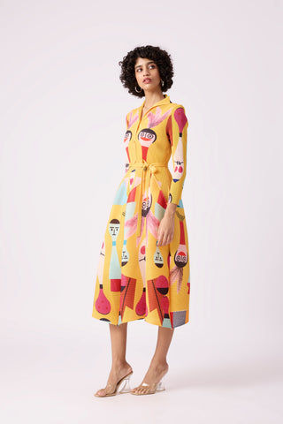 Peplum Printed Shirt Dress - Yellow