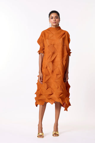 Mona 3D Pleated Dress - Rust Orange