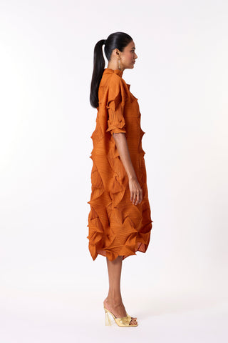 Mona 3D Pleated Dress - Rust Orange