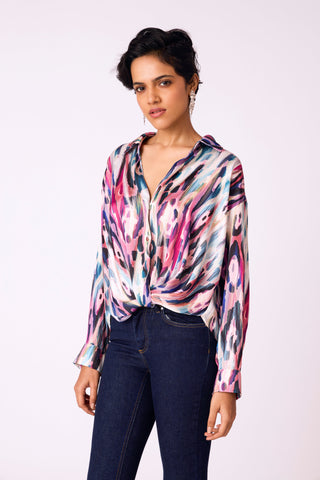 Irene Satin Shirt - Pink & Teal