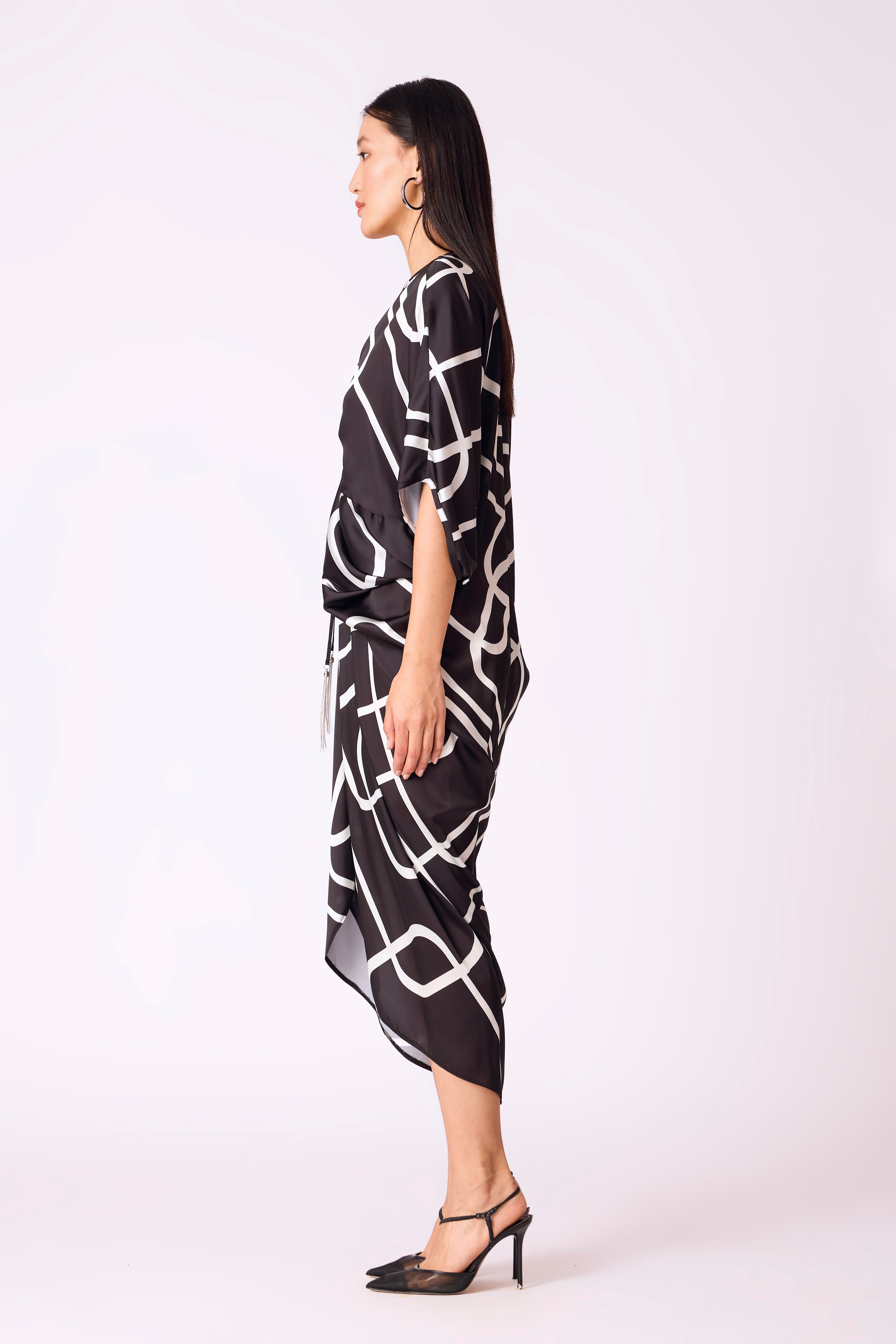 Aika Satin Print Dress - Black & White