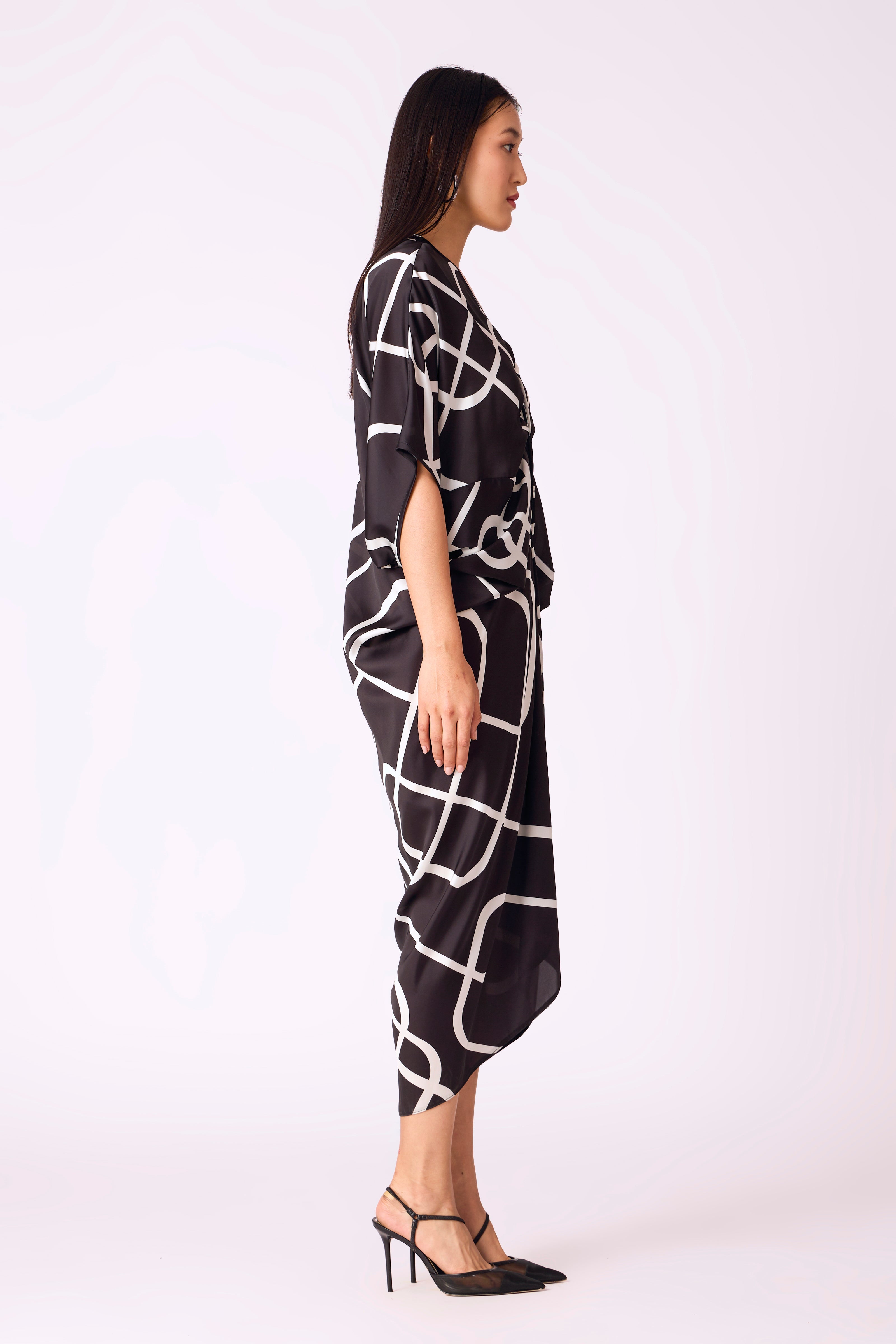 Aika Satin Print Dress - Black & White