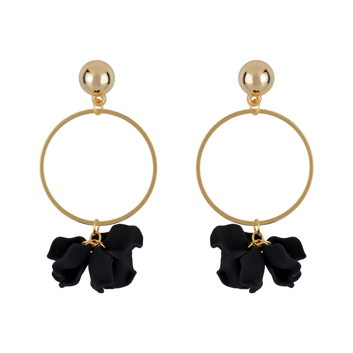 Suspended Gold Ring Petal Earrings - Black