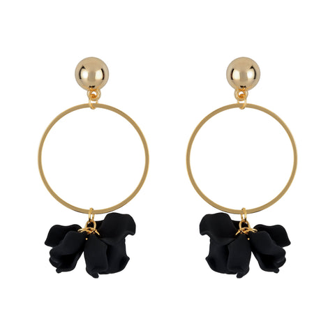 Suspended Gold Ring Petal Earrings - Black
