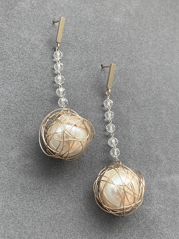 Crystal Chain Wired Pearl Earrings - Matte Champagne Gold